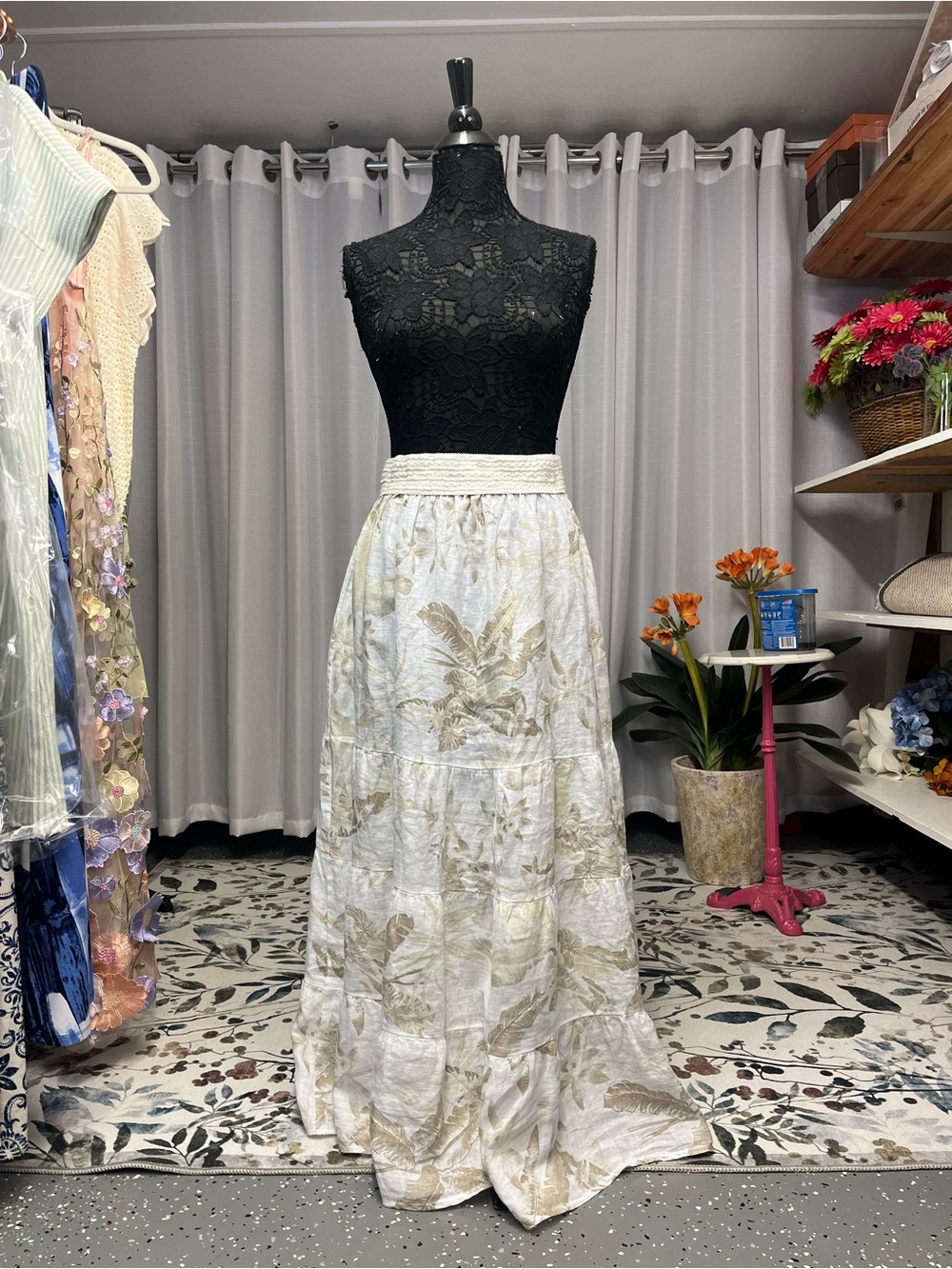 Neutral Floral Tiered Maxi Skirt with Smocked Waist